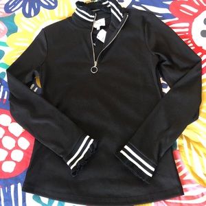 Zip-front Long-Sleeve Striped-Trim Turtleneck Top